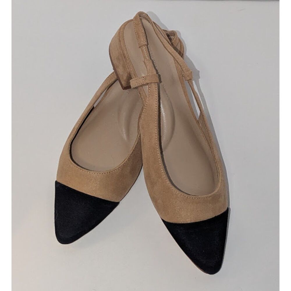 White House Black Market Faux Suede Slingback Heels 7M Nude Black Cap Toe